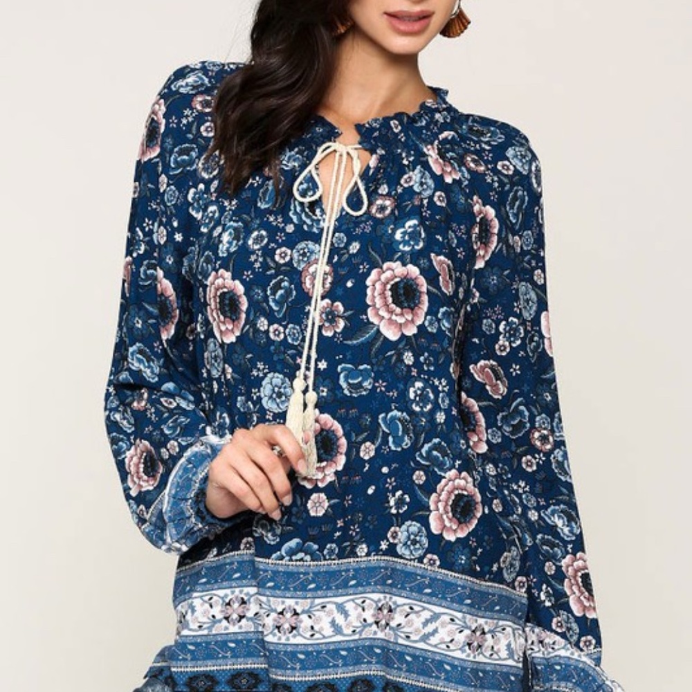 Blue Boho Floral Print Puff Sleeve Peasant Blouse - Picture 6 of 14